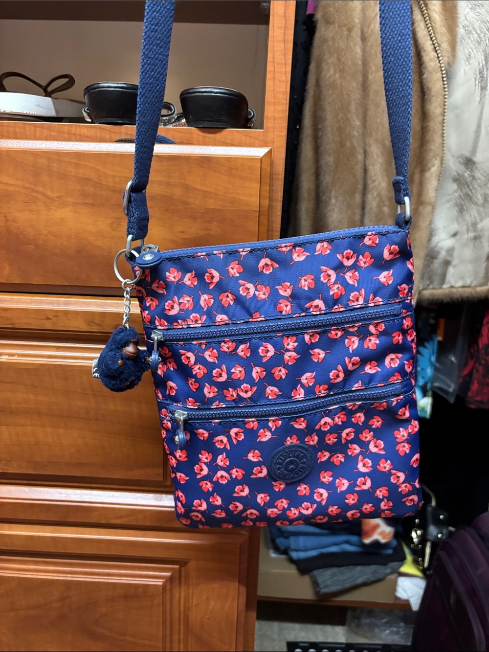 Kipling Navy Crossbody Bag with Coral Floral Print
